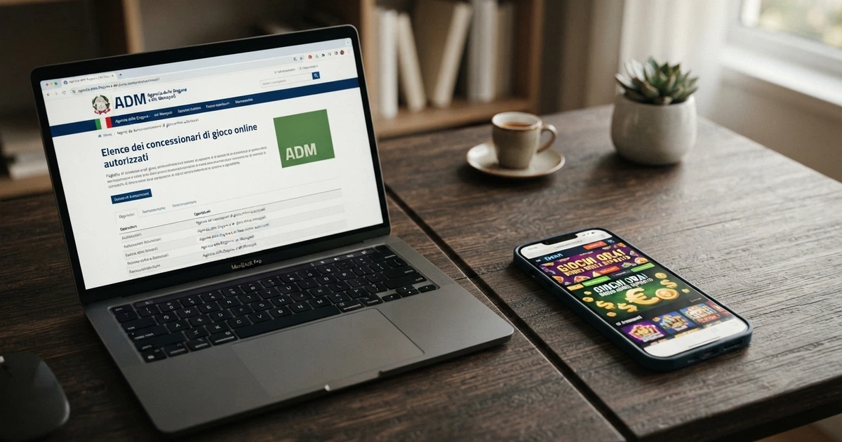 Un primo piano di uno schermo che mostra da un lato il sito ufficiale dell'ADM con il registro dei concessionari e dall'altro la homepage di un casinò online, separati da una linea verticale con un'icona di un lucchetto verde sulla metà sinistra e un punto interrogativo sulla metà destra