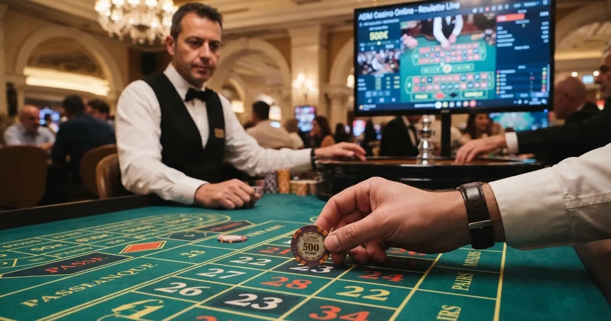 Una mano che posa una fiche da 500€ sul tavolo verde di una roulette, con un croupier sullo sfondo e l'interfaccia di un casinò online ADM visibile in overlay