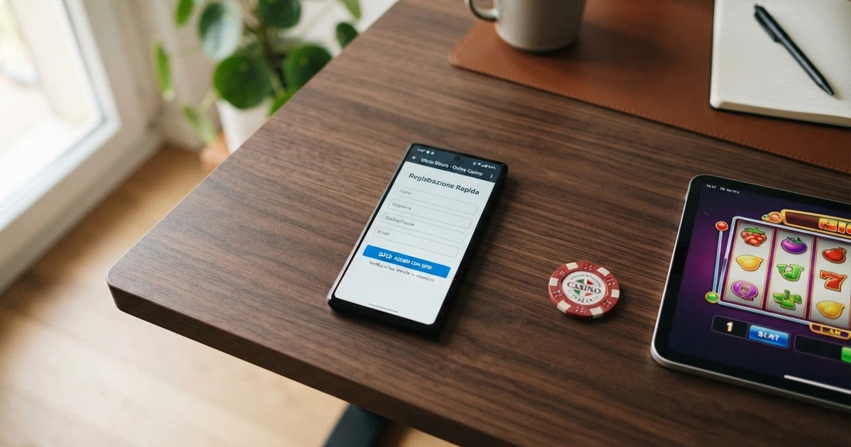 Un giocatore che consulta il telefono davanti allo schermo di un computer, con l'interfaccia di registrazione di un casinò online visibile e l'icona SPID in evidenza