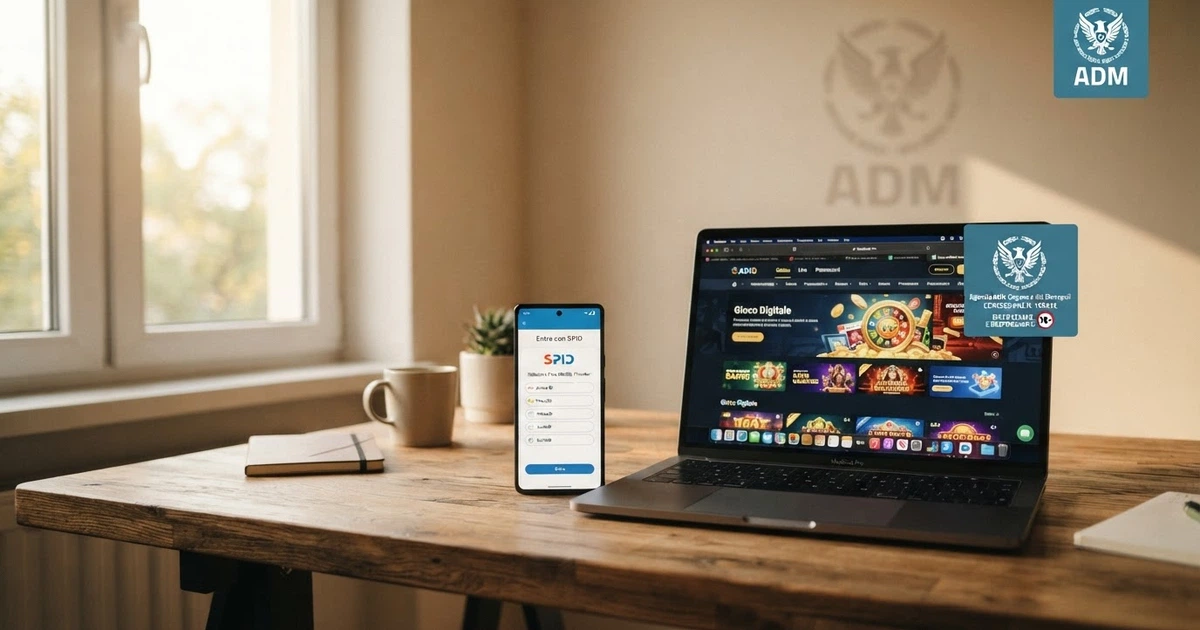 Scrivania con uno smartphone che mostra la schermata di login SPID accanto al sito di un casinò online italiano autorizzato, sullo sfondo il logo ADM.