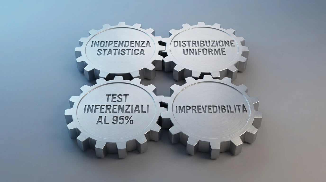 Schema visivo dei quattro criteri di certificazione RNG ADM: indipendenza statistica, distribuzione uniforme, test inferenziali al 95% e imprevedibilità degli esiti