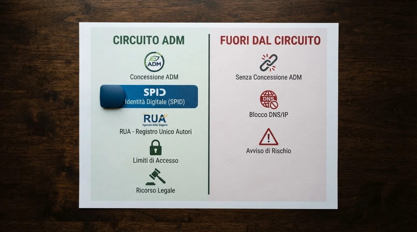 Infografica a due colonne: a sinistra il percorso protetto (concessione ADM, SPID, RUA, limiti, ricorso legale), a destra il percorso senza concessione (nessuna verifica, niente RUA, niente tutele, blocco DNS).
