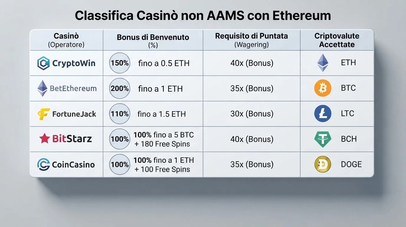 Una griglia comparativa stilizzata con licenze, percentuali di bonus e icone delle criptovalute accettate, ordinata per operatore