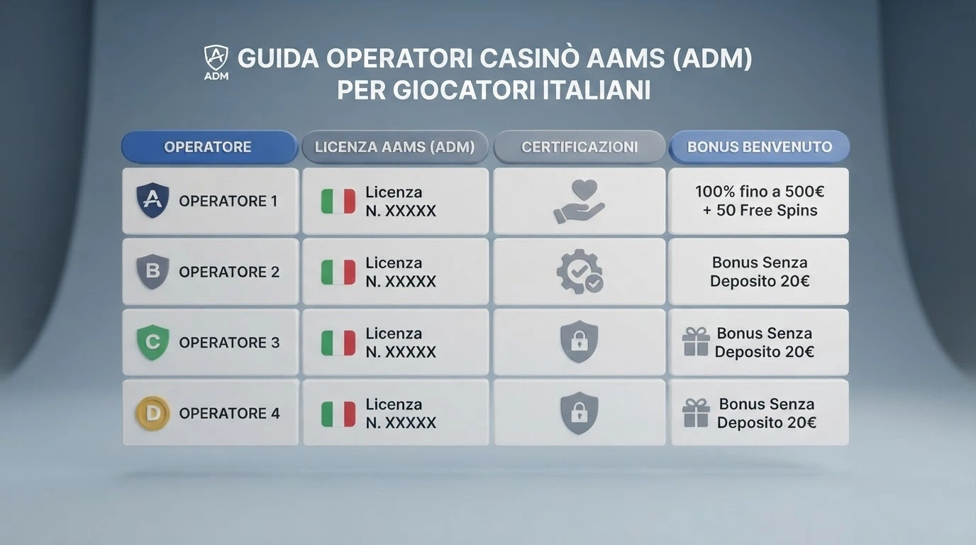 Una tabella comparativa stilizzata con le icone dei 10 casinò recensiti, ordinati per licenza e bonus di benvenuto