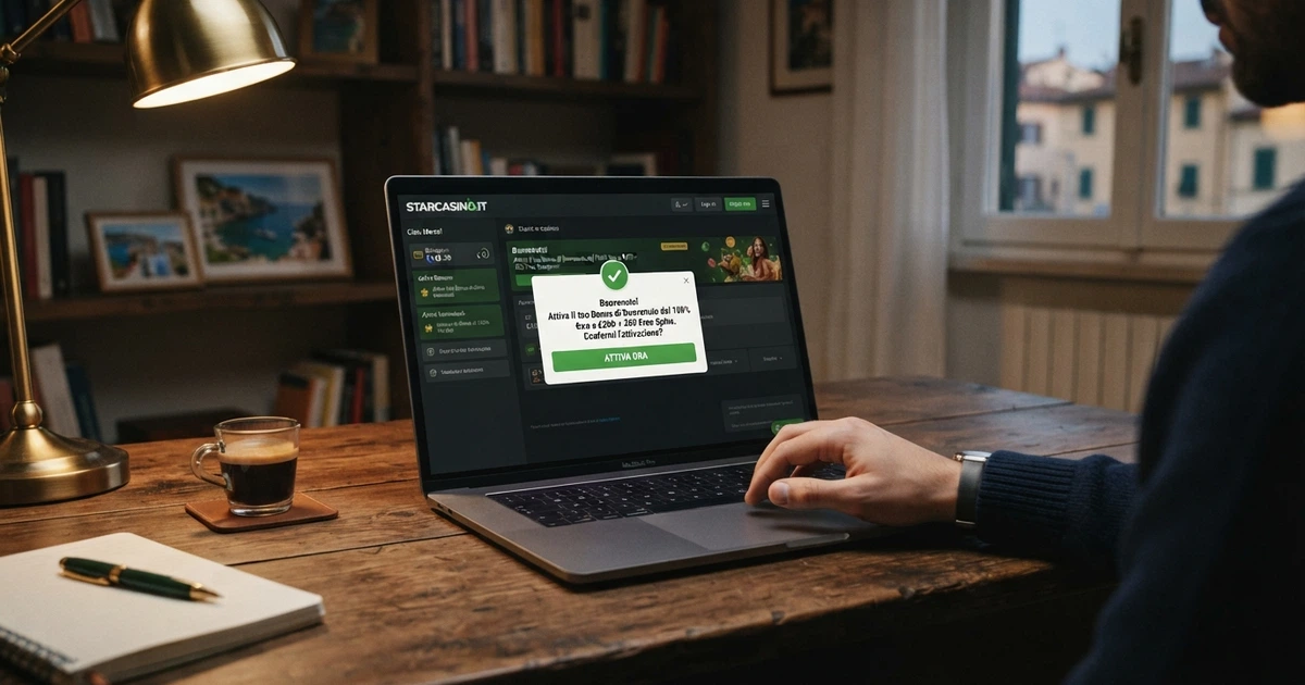 Un giocatore davanti allo schermo del computer, con il cursore su un pulsante di attivazione bonus nell'area personale di un casinò online — nessun codice visibile, solo un'interfaccia di conferma.