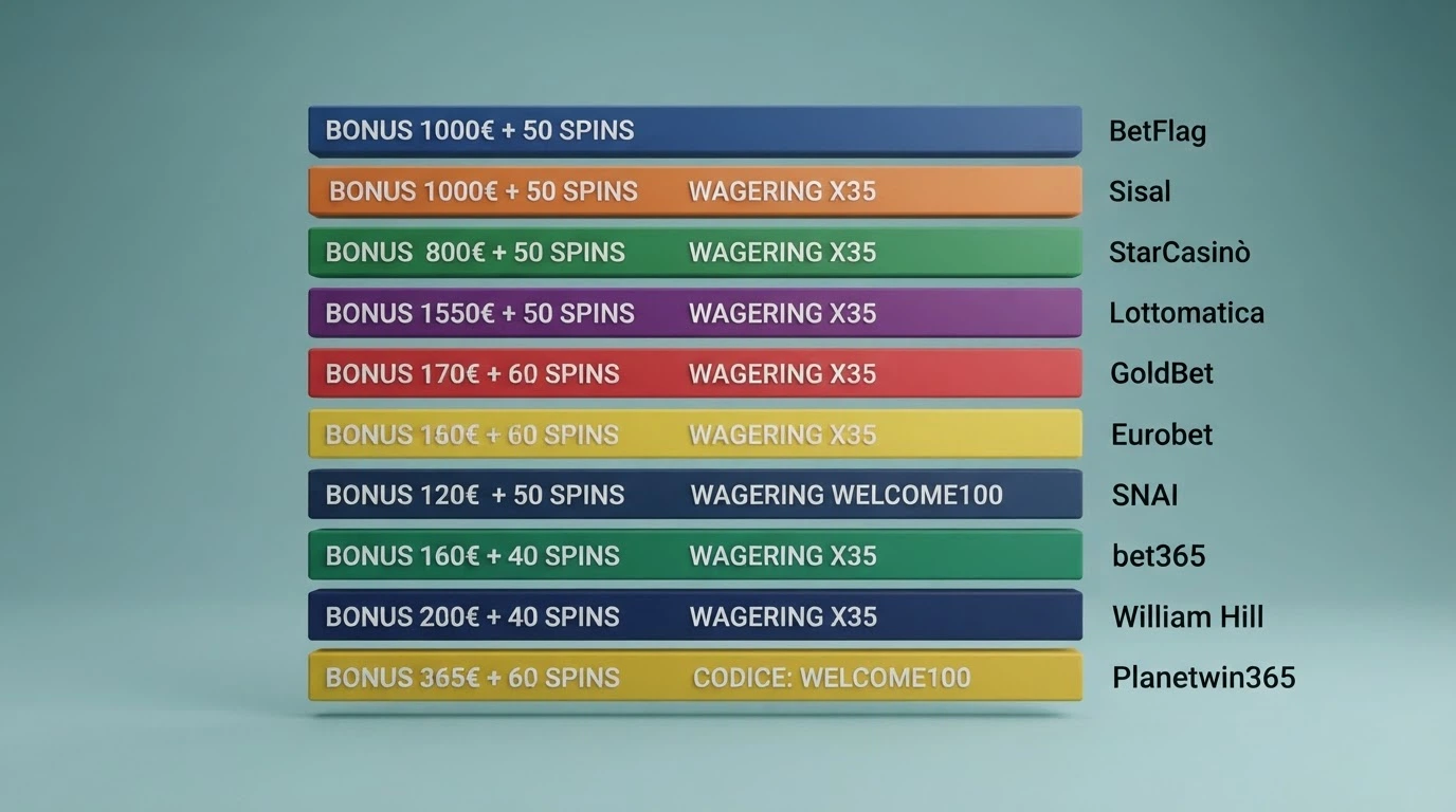 Tabella comparativa con i loghi o le schermate dei concessionari ADM ordinati per bonus e wagering
