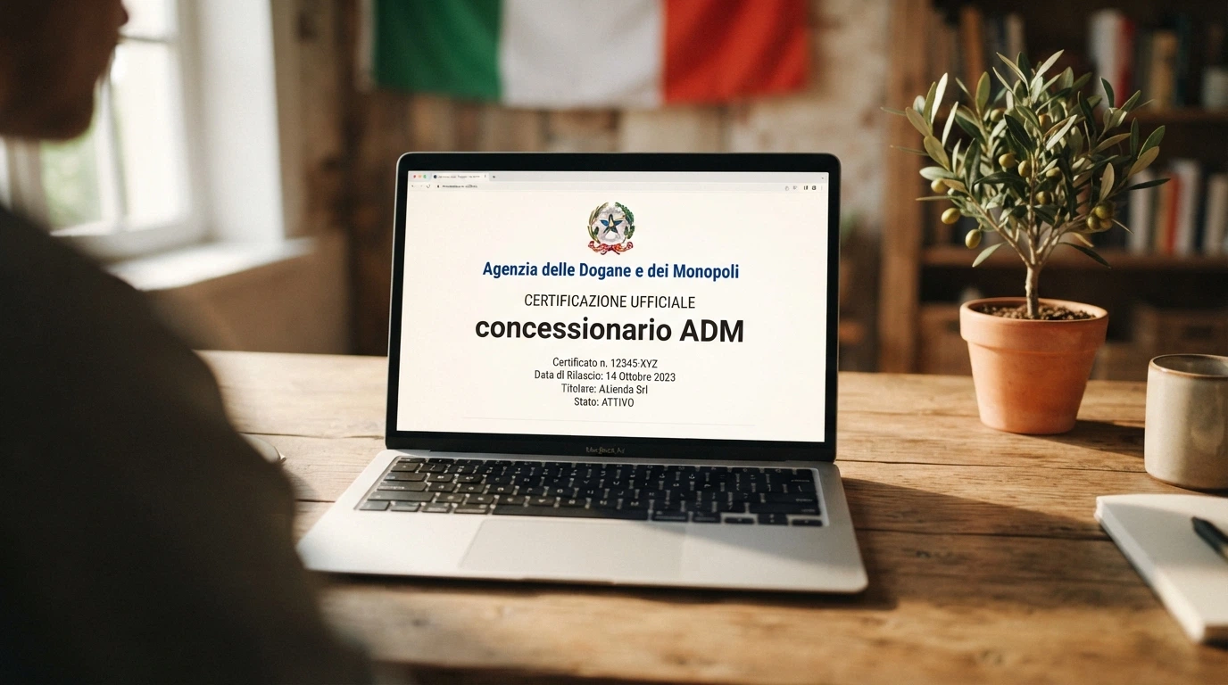 Il logo ufficiale dell'Agenzia delle Dogane e dei Monopoli accanto alla dicitura «concessionario ADM» su uno schermo