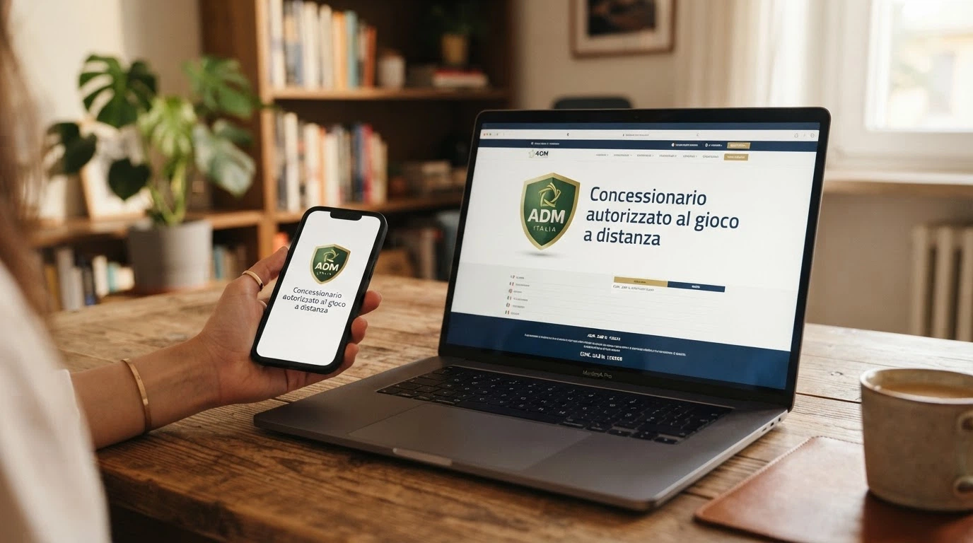 Logo ufficiale dell'Agenzia delle Dogane e dei Monopoli accanto alla dicitura Concessionario autorizzato al gioco a distanza sulla pagina di un casinò online italiano