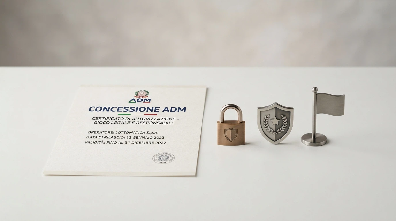 Il logo dell'Agenzia delle Dogane e dei Monopoli (ADM) affiancato alle icone di un lucchetto, uno scudo con un segno di spunta e la bandiera italiana