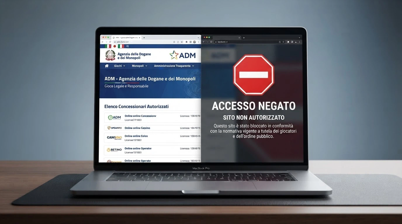 Logo ufficiale dell’Agenzia delle Dogane e dei Monopoli accanto alla schermata bloccata di un sito non autorizzato