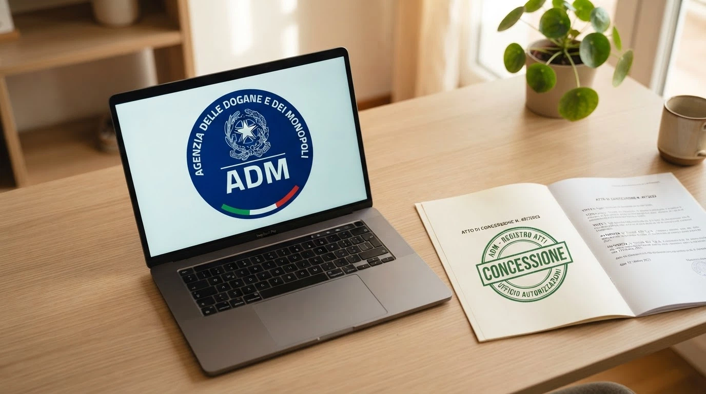 Il logo ufficiale dell'ADM (Agenzia delle Dogane e dei Monopoli) su uno schermo, accanto a un documento con il timbro «concessione» e una spunta verde sovrapposta