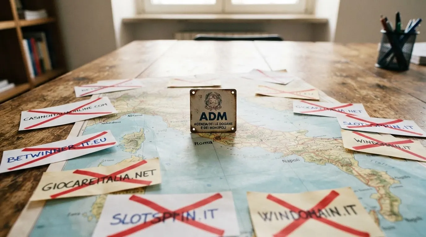 Una mappa visiva dell'Italia con il logo ADM al centro e, ai margini, domini barrati da un segnale di divieto