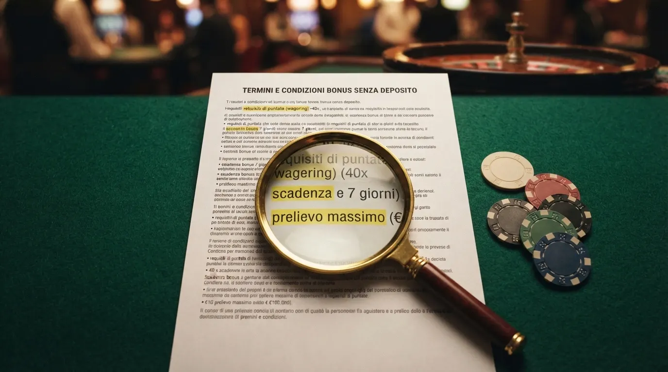 Un primo piano di una lente di ingrandimento posata su un foglio con le scritte «wagering», «scadenza» e «prelievo massimo» evidenziate in giallo, con una pila di fiches sullo sfondo sfocato.