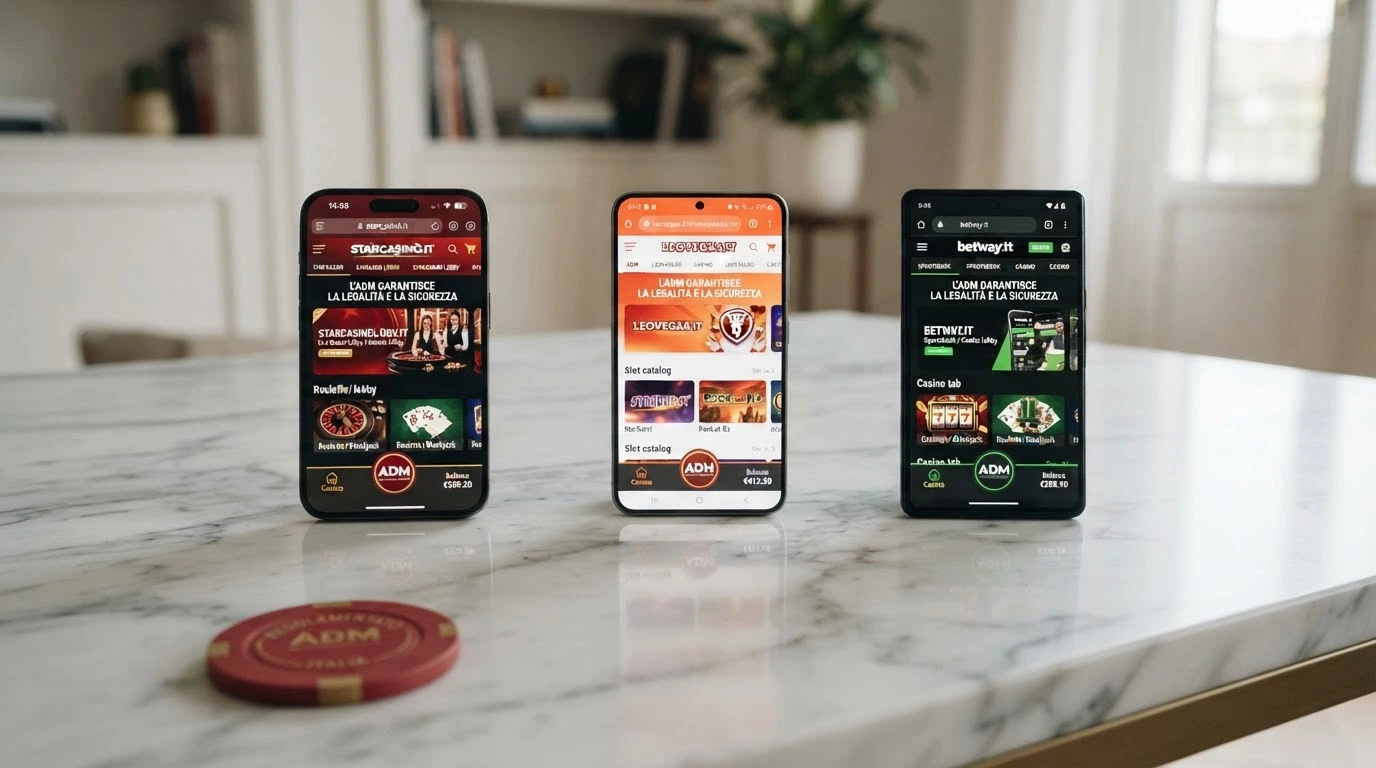 Interfaccia di tre app casinò ADM affiancate sullo schermo di uno smartphone: slot, live dealer e lobby giochi a confronto