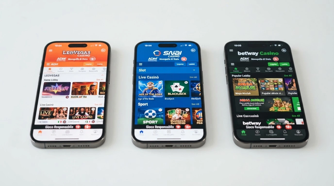 Tre schermate affiancate di diverse app casinò per iPhone con interfacce, colori e menu differenti