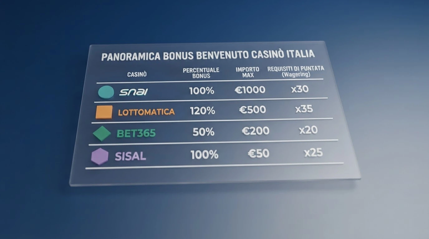 Una tabella comparativa stilizzata con loghi degli operatori ADM e le percentuali di bonus accanto a ciascuno