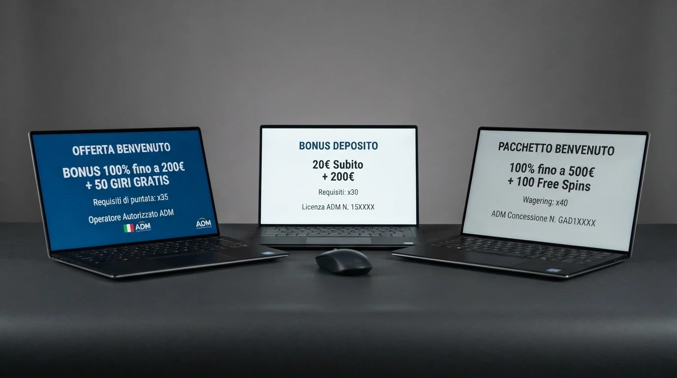 Una vista comparativa di schermate di casinò ADM affiancate, ciascuna con l'offerta di benvenuto in evidenza e il logo dell'operatore