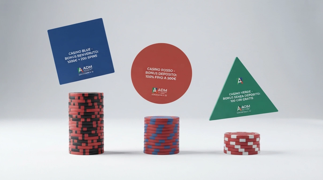 Una tabella comparativa con i loghi dei casinò ADM affiancati da importo del bonus, free spin, wagering e validità