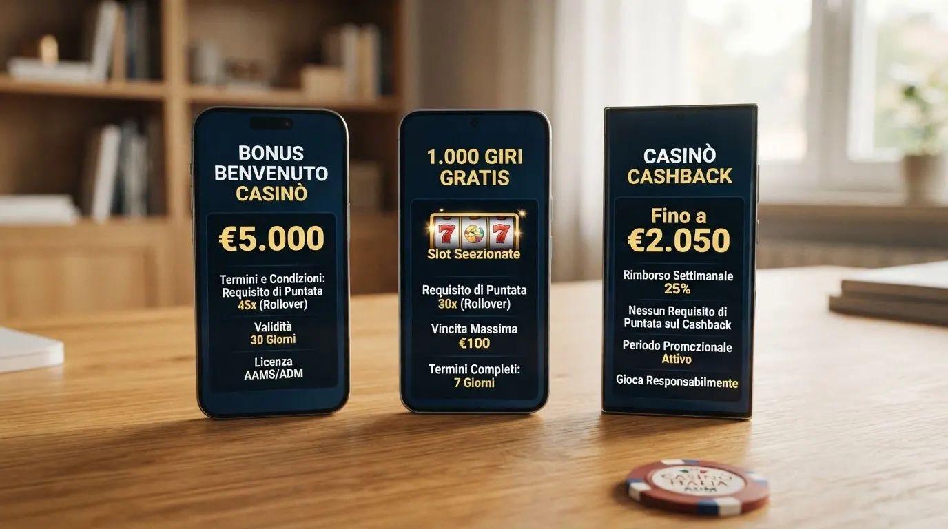 Un confronto visivo affiancato delle condizioni di bonus di tre concessionari ADM, con evidenziati gli importi, i moltiplicatori di wagering e le date di scadenza