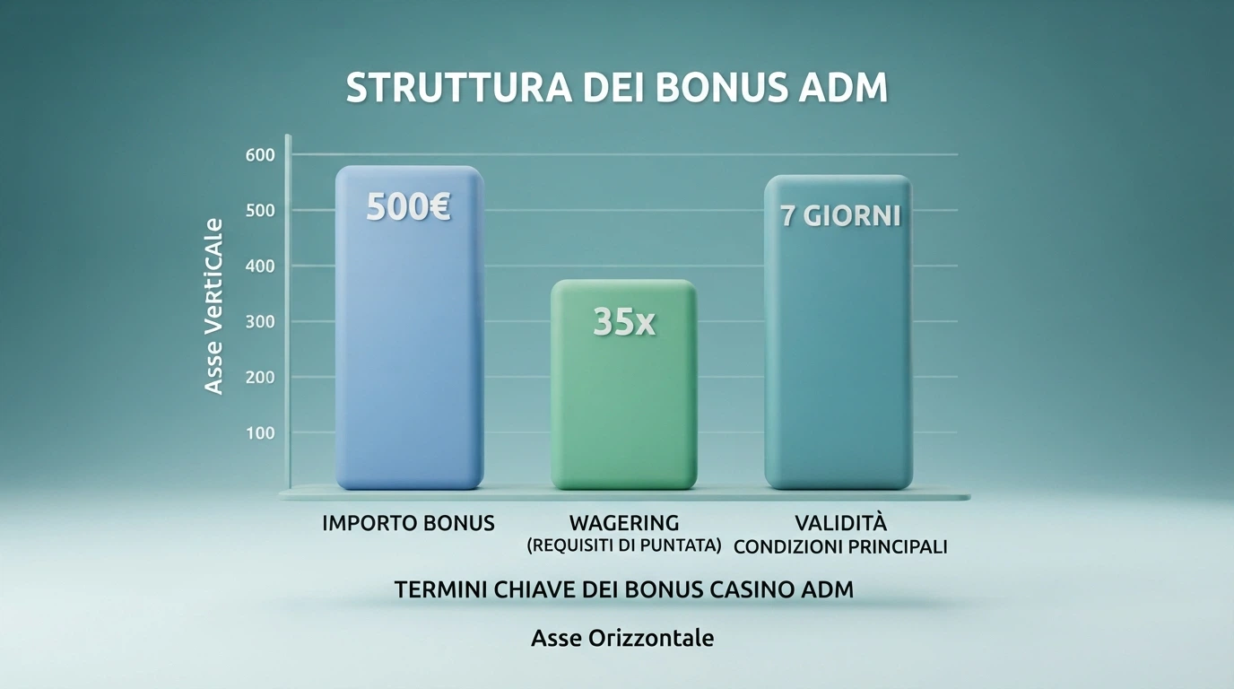Una tabella comparativa con i loghi e i dati dei casinò ADM recensiti, affiancati da importo del bonus, wagering e validità