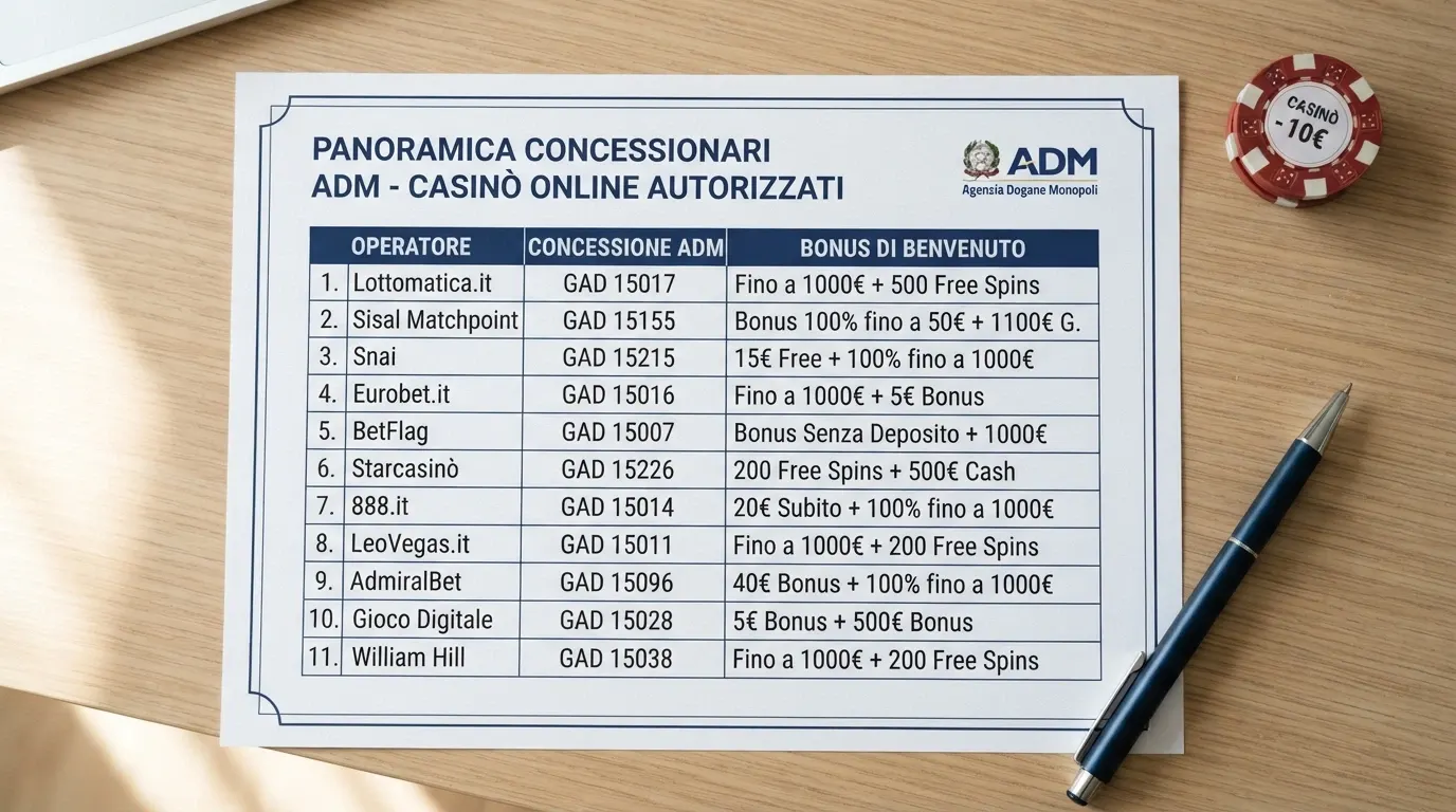 Una tabella comparativa stilizzata con le colonne operatore, concessione ADM, disponibilità HiPay e bonus di benvenuto, affiancata dalle icone dei principali provider di giochi