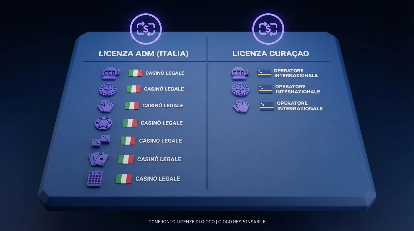 Una tabella comparativa stilizzata con loghi di casinò affiancati da icone di licenza (bandiera italiana per ADM, bandiera di Curaçao per offshore) e il simbolo Revolut