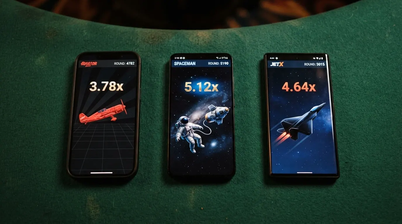 Tre schermate affiancate di Aviator, Spaceman e JetX con i rispettivi moltiplicatori attivi e l'interfaccia di gioco a confronto