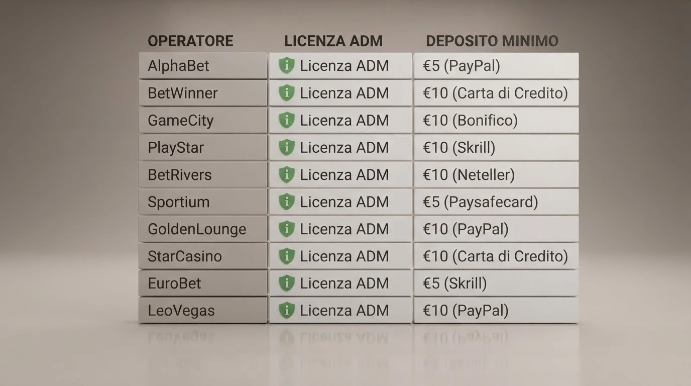 Tabella comparativa di dieci casinò ADM con licenza, deposito minimo e metodo di pagamento
