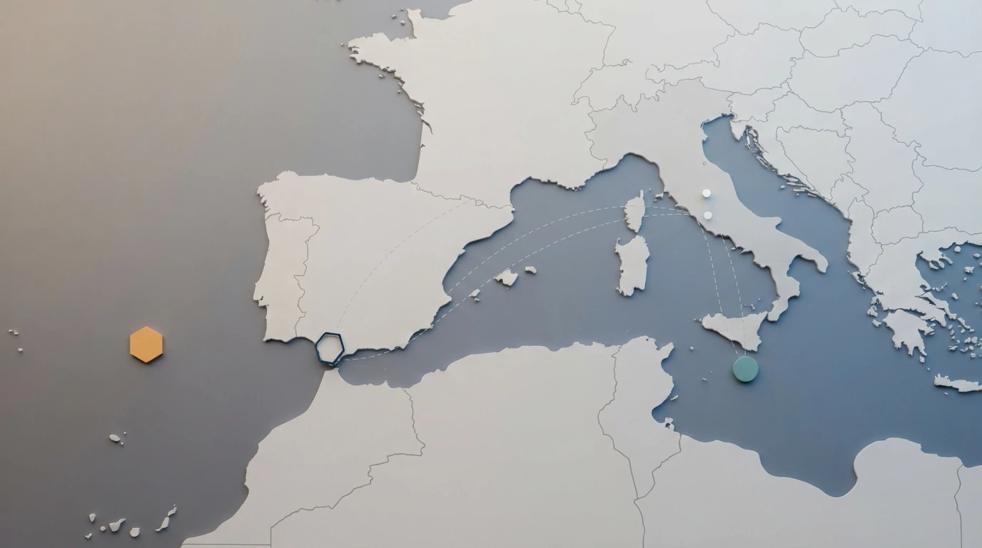 Una mappa stilizzata dell'Europa con tre licenze internazionali in evidenza: Malta (MGA), Curaçao (eGaming) e Gibilterra, collegate da linee tratteggiate all'Italia