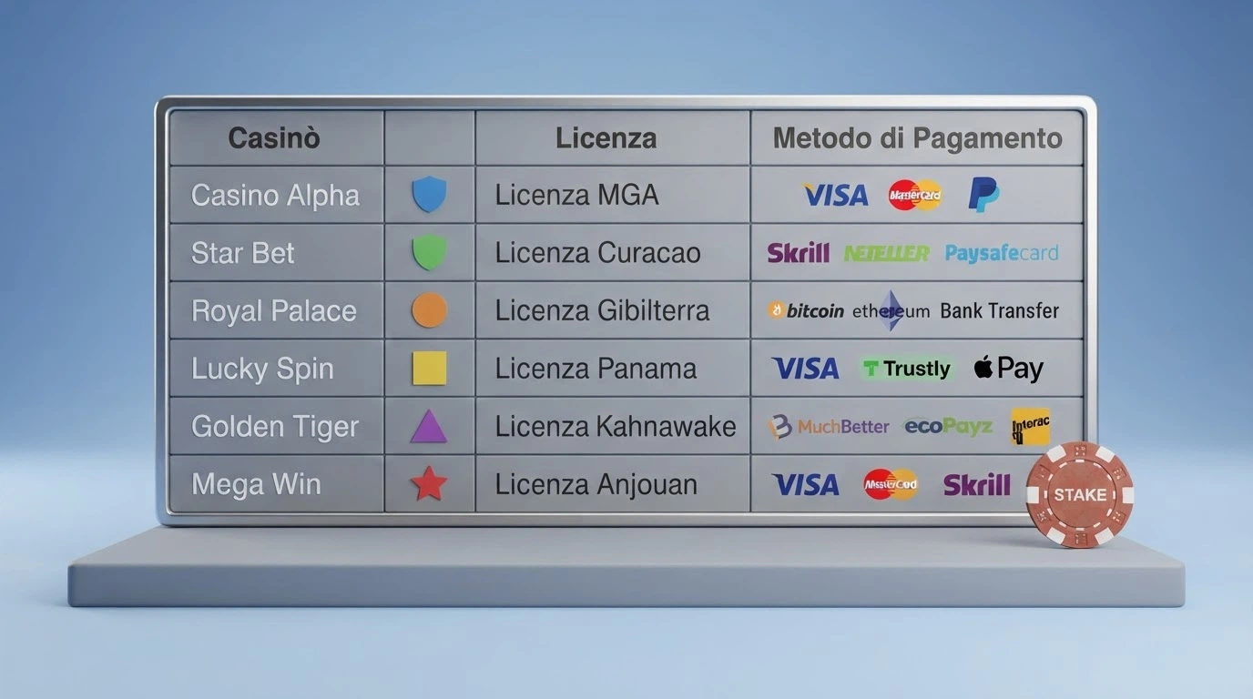 Una tabella comparativa con i nomi dei casinò, le icone delle licenze estere (Curaçao, MGA) e il simbolo MiFinity affiancato a ciascun operatore