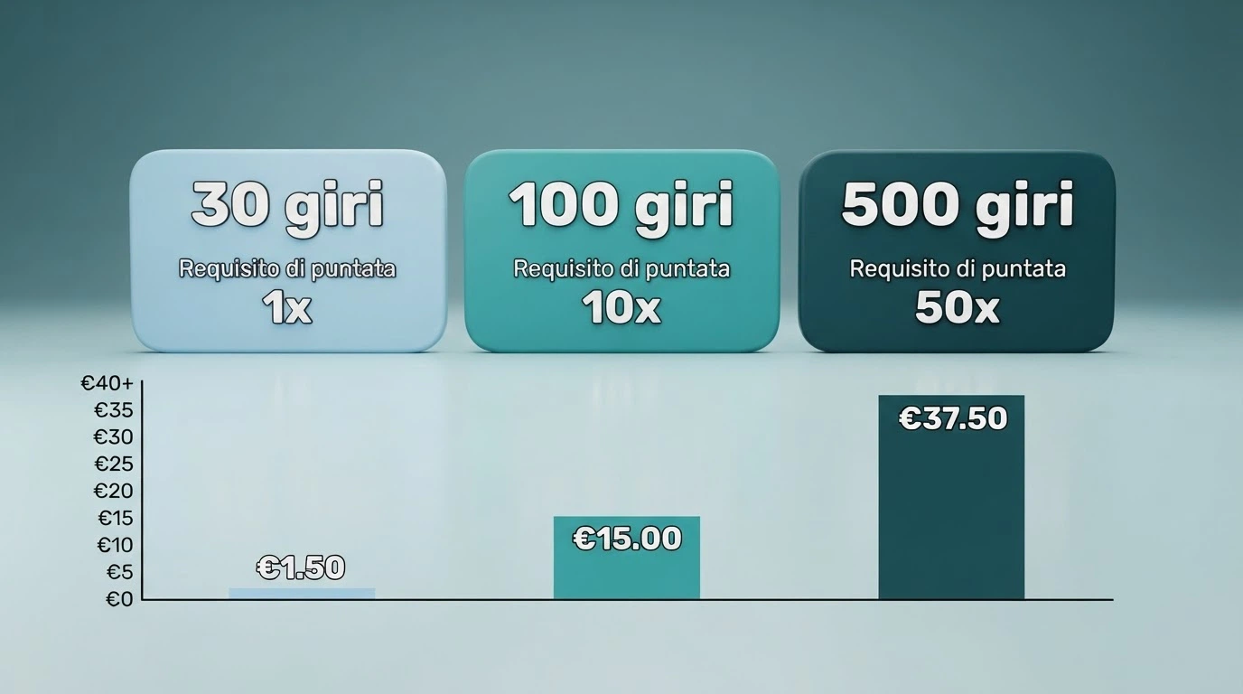 Una tabella comparativa che affianca i loghi dei casinò ADM recensiti con il numero di giri gratis o il credito senza deposito offerto e il requisito di puntata corrispondente
