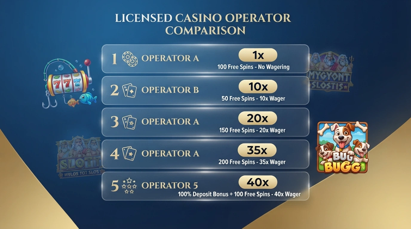 Una tabella comparativa stilizzata con loghi dei casinò ADM, moltiplicatori di wagering in evidenza e icone delle slot