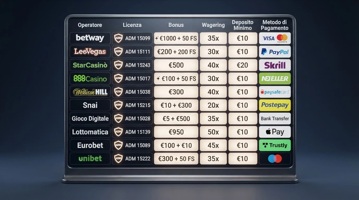 Una tabella comparativa stilizzata con le colonne Operatore, Licenza, Bonus, Wagering, Deposito Minimo e Visa — ogni riga un operatore, ogni cella un dato o un trattino.
