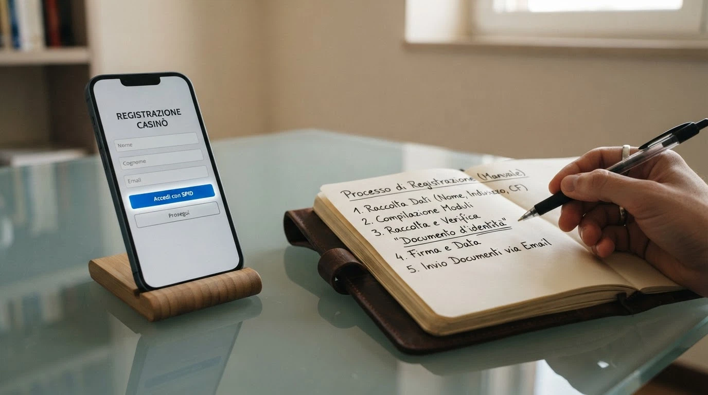 Una vista comparativa che mostra l'iter di registrazione — tradizionale con upload di documento accanto a SPID con autenticazione immediata — e il tempo stimato per ciascuna