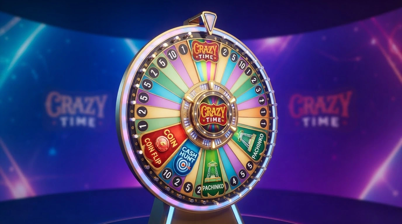 La ruota verticale di Crazy Time con i segmenti numerati e i quattro giochi bonus laterali (Coin Flip, Cash Hunt, Pachinko, Crazy Time)