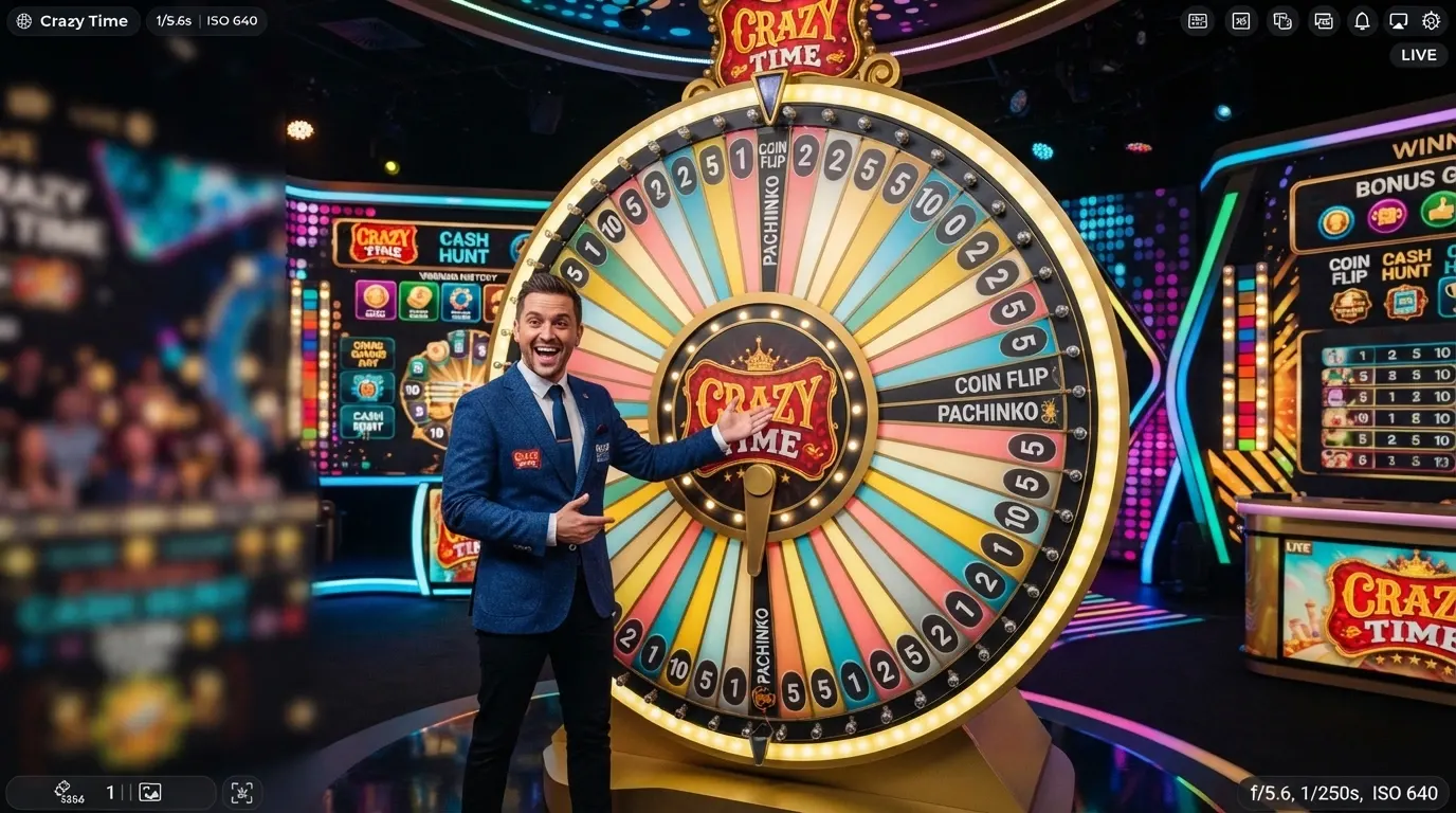 La ruota del Crazy Time in uno studio Evolution Gaming con croupier italofono e scenario luminoso a led, durante una puntata dal vivo