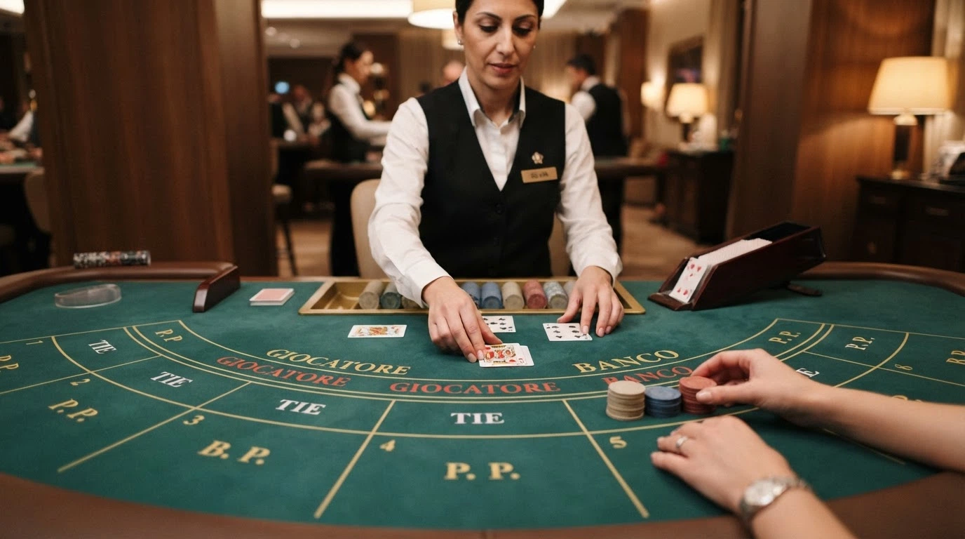 Croupier dal vivo che distribuisce le carte a un tavolo di baccarat con le aree Banco e Giocatore visibili in primo piano