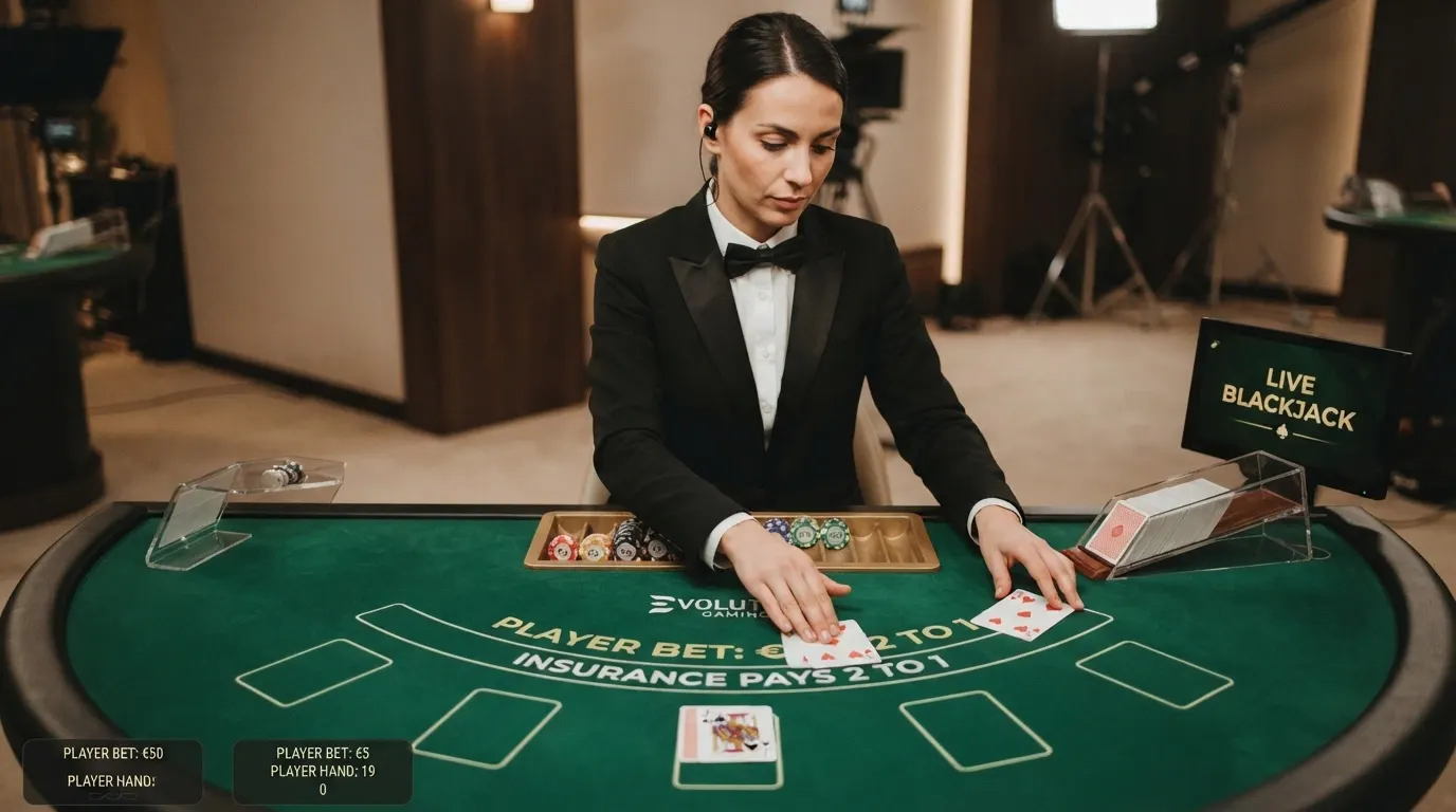 Croupier professionista inquadrato in primo piano mentre distribuisce le carte al tavolo di blackjack live, con lo schermo di gioco visibile sullo sfondo