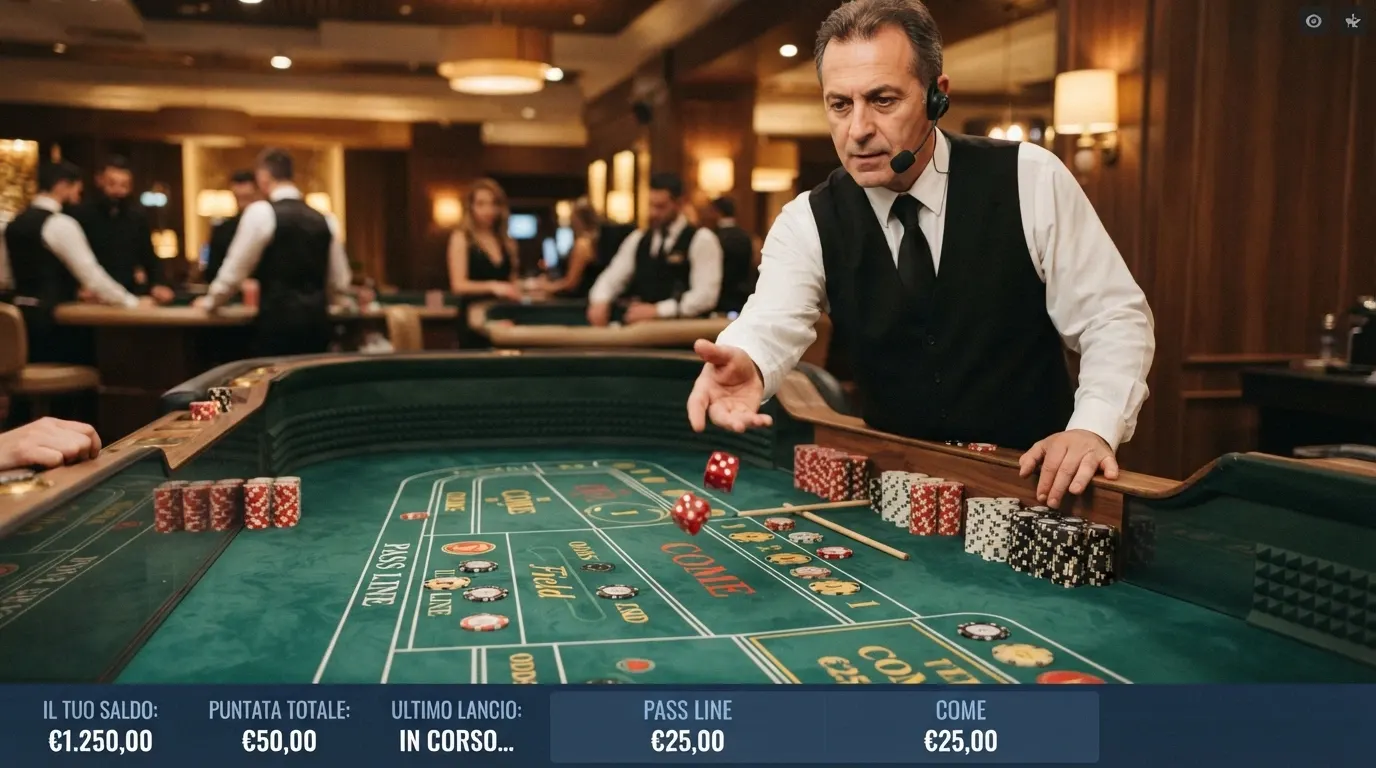 Un croupier in uniforme lancia i dadi su un tavolo da craps in uno studio di casinò live, con l'interfaccia di puntata digitale sovrapposta in primo piano
