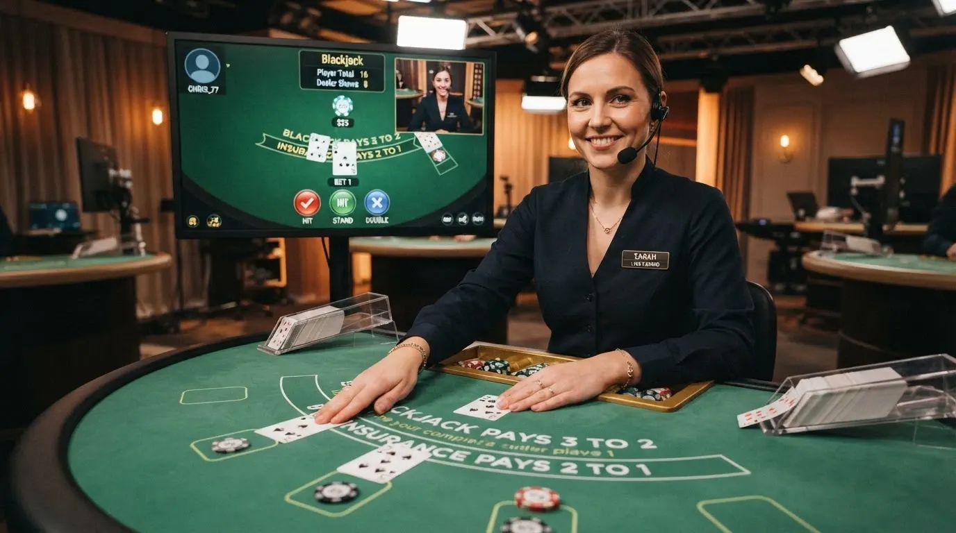 Un croupier in primo piano mentre distribuisce le carte su un tavolo di blackjack, con lo schermo del giocatore visibile sullo sfondo che mostra l'interfaccia di puntata