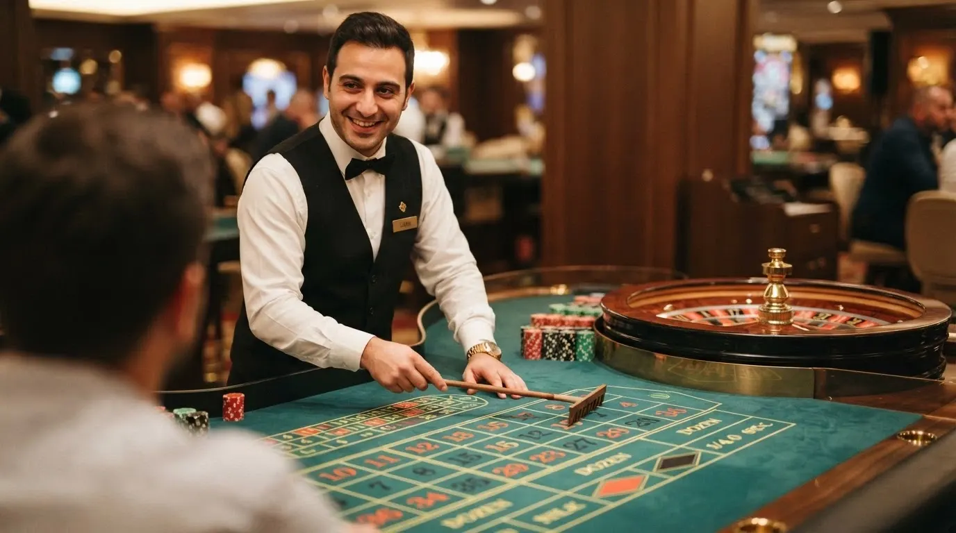 Croupier italiano sorridente al tavolo da roulette in uno studio Evolution Gaming, con interfaccia di gioco visibile sullo sfondo