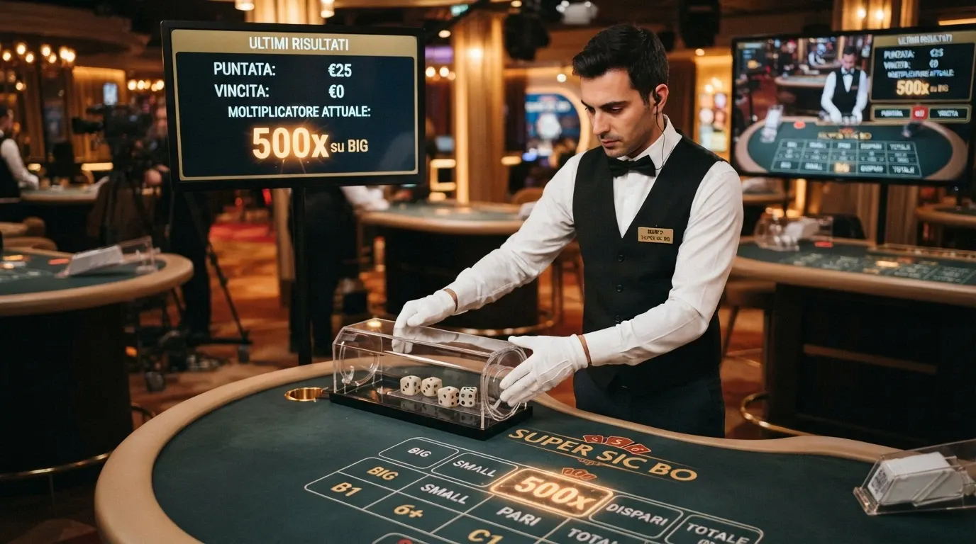 Un croupier in uniforme da casinò dietro un tavolo da Sic Bo professionale con gabbia per dadi trasparente, monitor multipli che mostrano le puntate dei giocatori e l'interfaccia digitale sovrapposta