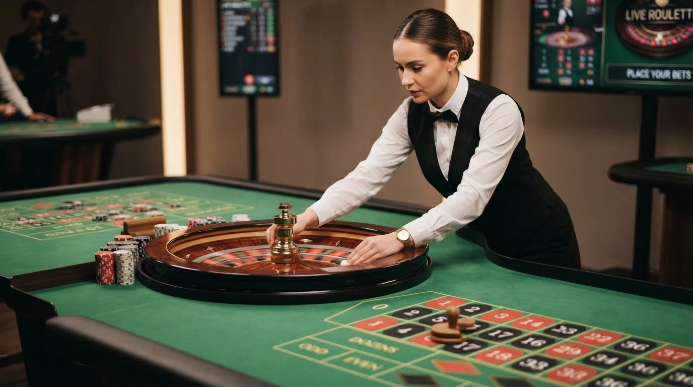 Tavolo da roulette dal vivo con croupier in uniforme ripreso da telecamera frontale in uno studio professionale