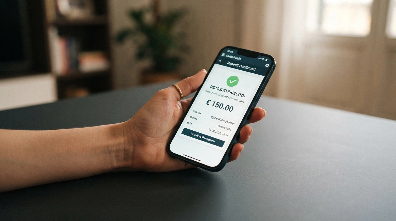 Schema visivo del flusso di un deposito con Google Pay: telefono → wallet → carta collegata → accredito sul conto gioco