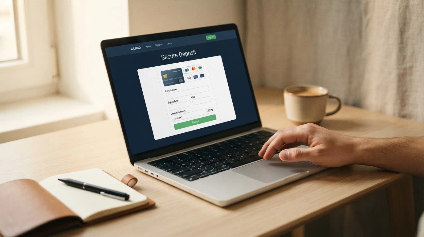 Lo schermo di un computer portatile aperto sulla pagina di cassa di un casinò online, con il logo Mastercard visibile tra i metodi di pagamento e un modulo di deposito in evidenza.