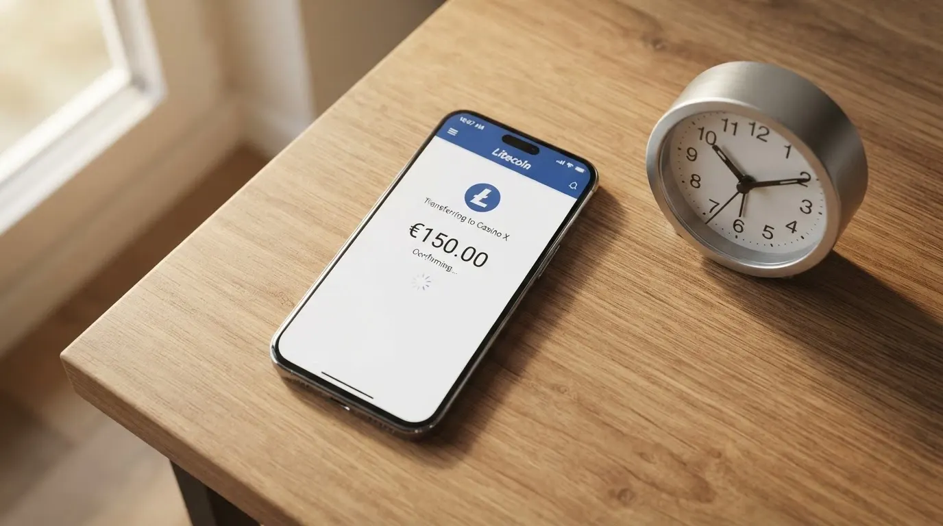 Uno smartphone che mostra un wallet Litecoin con una transazione in uscita verso un casinò, accanto a un orologio che segna pochi minuti