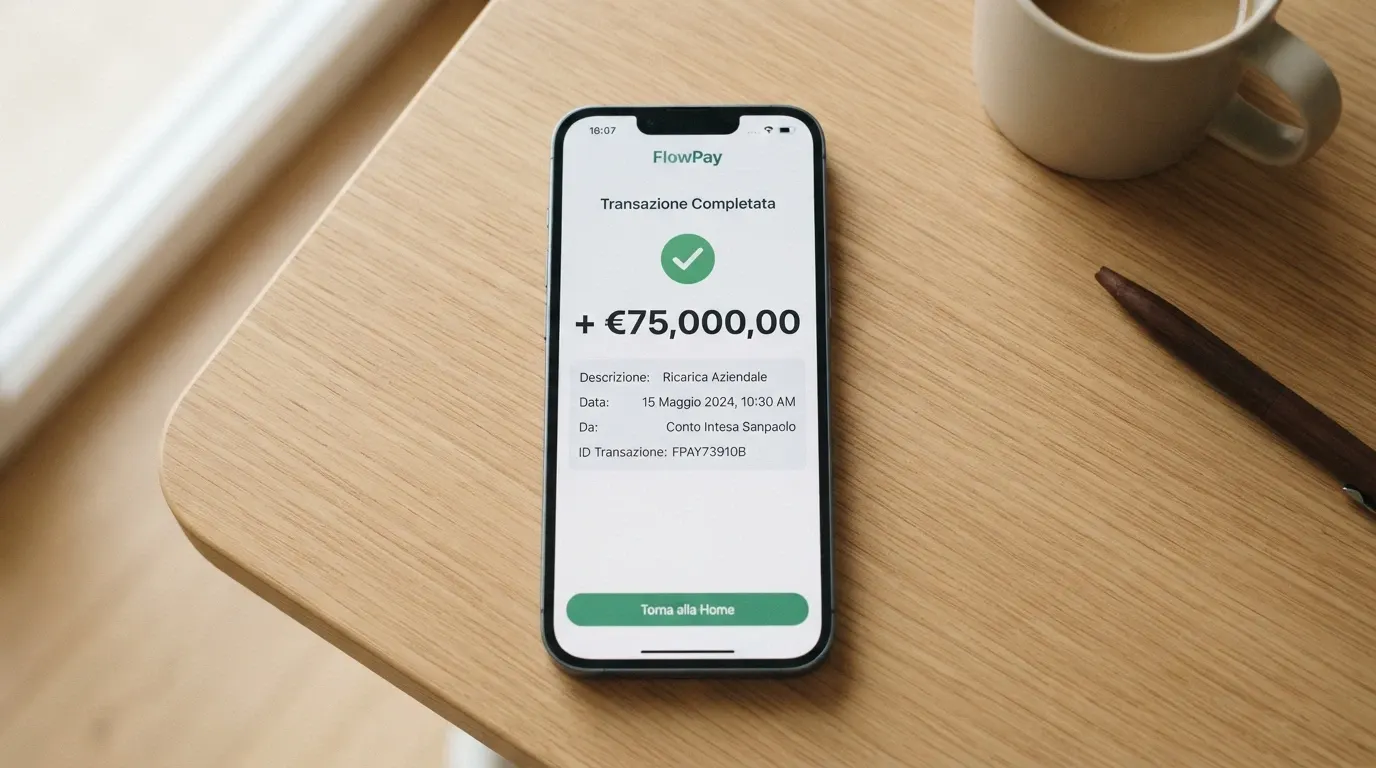 La schermata di un deposito completato nell'app MuchBetter con l'importo, la commissione azzerata e la conferma di accredito istantaneo