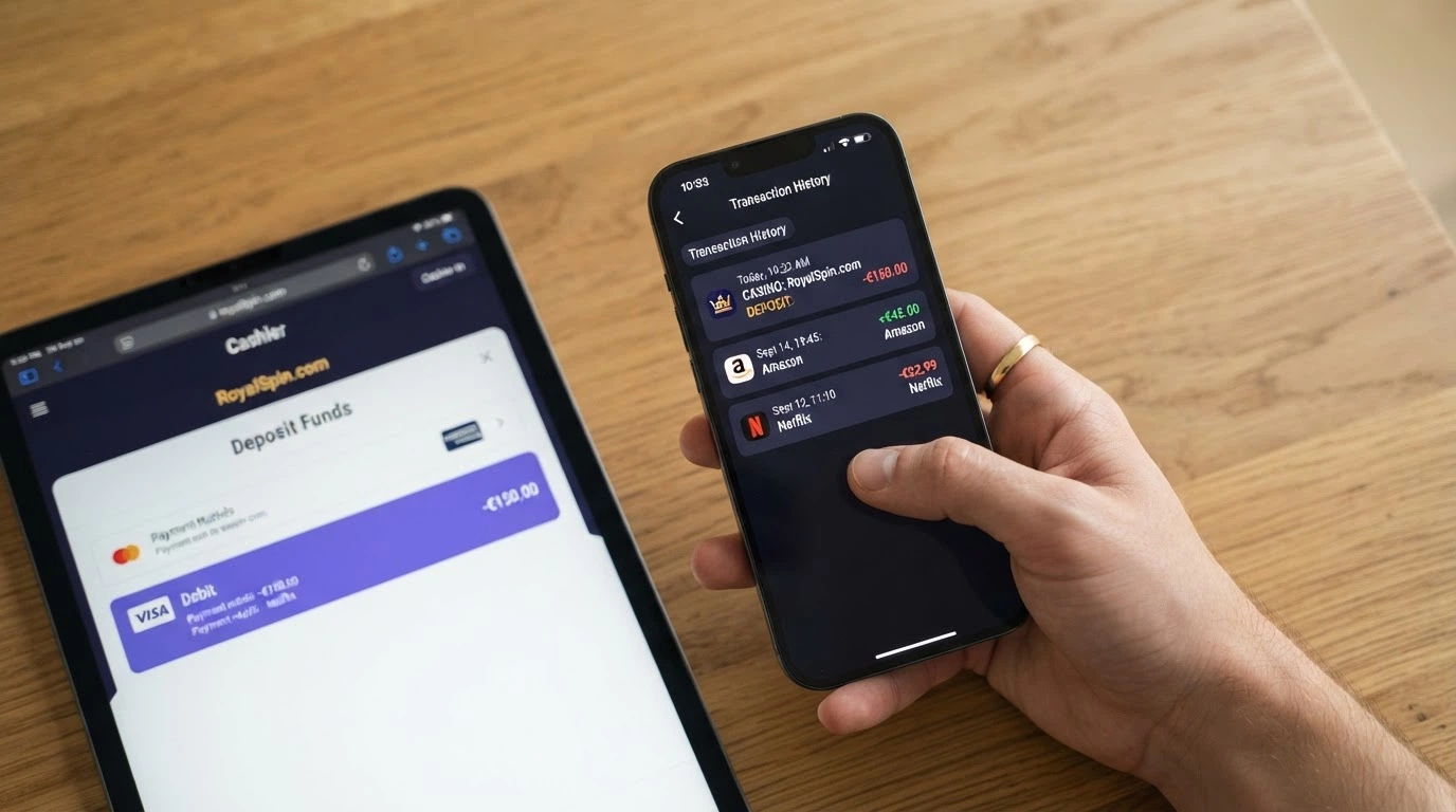 Lo schermo di uno smartphone con l'app Revolut aperta sulla cronologia delle transazioni, affiancata dalla schermata di cassa di un casinò online