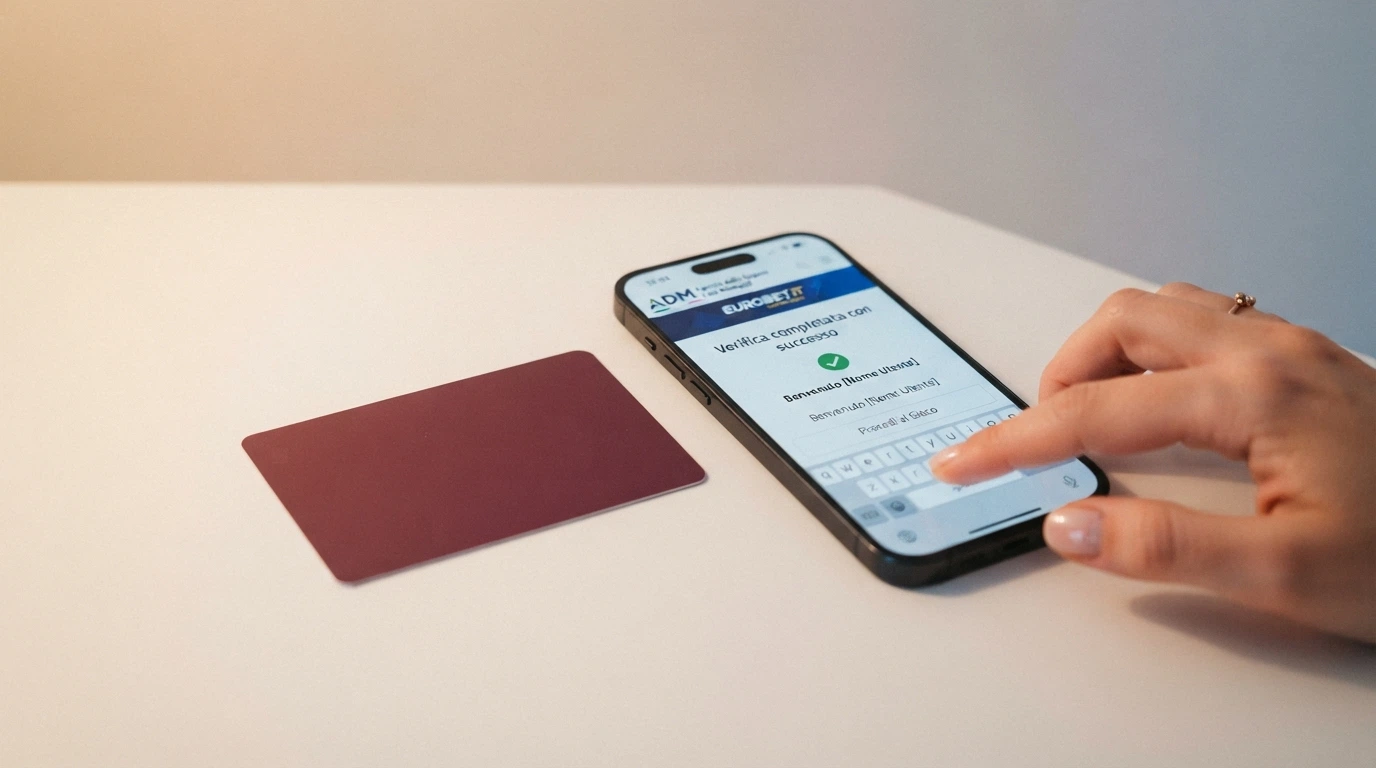 Un documento d'identità italiano (carta d'identità elettronica) accanto a uno smartphone che mostra la schermata di verifica SPID di un casinò ADM.