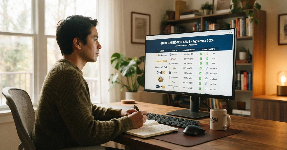 Un elenco di casinò online visualizzato su uno schermo con evidenziate le licenze, i bonus e i simboli di sicurezza